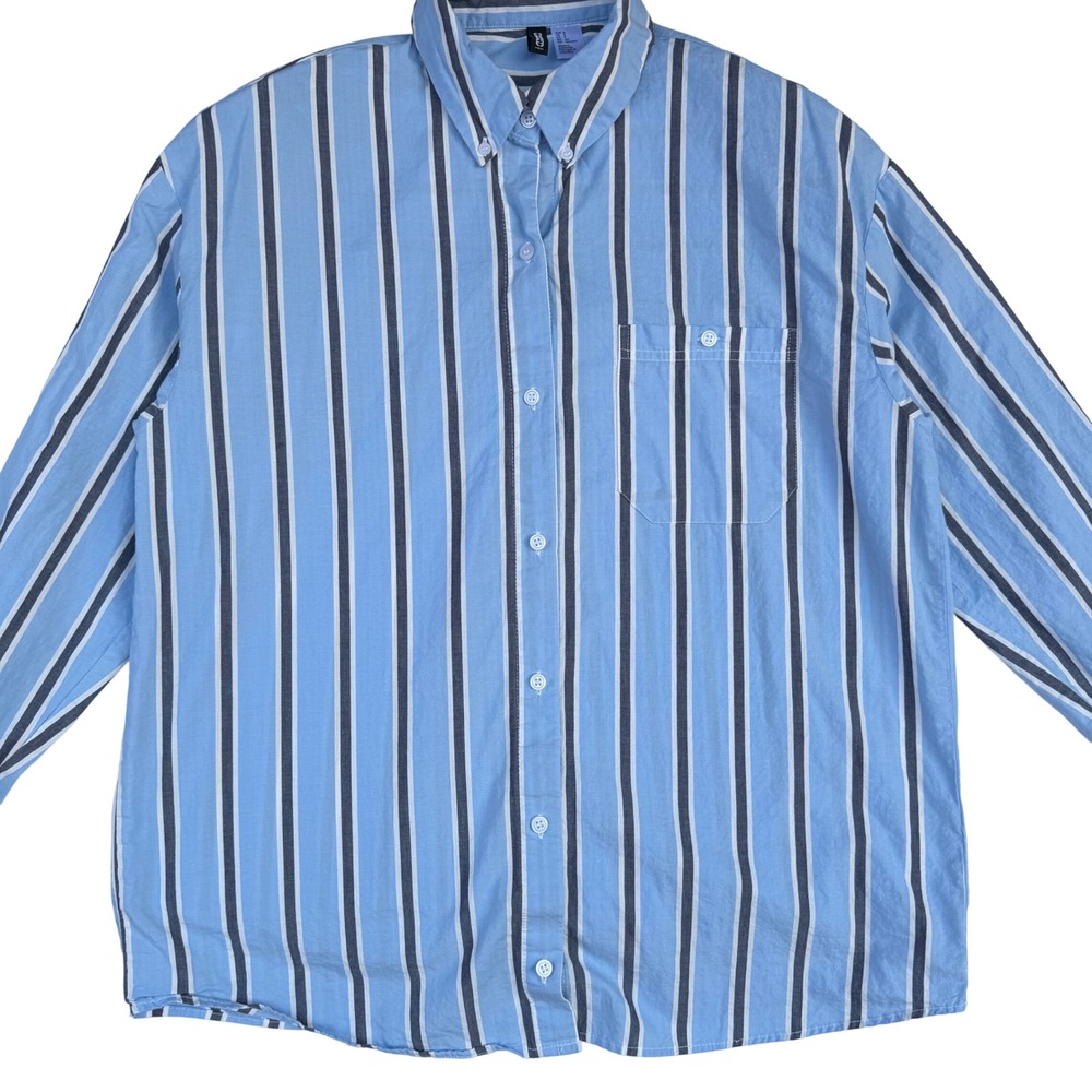 H&M Divided Striped Button Down Shirt Oversized Blue Coastal Preppy Nautical S‎